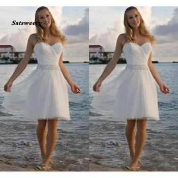 Высококачественные повседневные пляжные свадебные платья из фатина со стразами, короткие свадебные платья трапециевидной формы