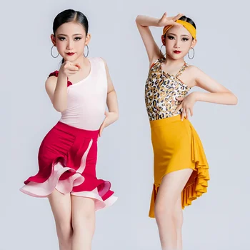 Платья для латиноамериканских танцев, костюм для продвинутых летних тренировок, Новая одежда для девочек, Детская юбка для выступлений на соревнованиях с разрезом 