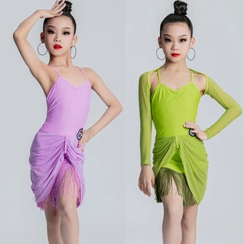 Детская одежда для танцев для девочек Зеленый фиолетовый Костюм для латиноамериканских танцев с разрезом, Топ без рукавов, юбки с бахромой, платье для латиноамериканских танцев для девочек SL8193