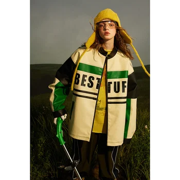 Весенняя лоскутная винтажная бейсбольная куртка в стиле хип-хоп Y2K, свободная мужская женская одежда из искусственной кожи с буквенным принтом, уличные гонки