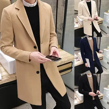 Мужское шерстяное пальто, мужской модный бутик средней длины, однотонное деловое повседневное шерстяное пальто, мужское высококачественное приталенное пальто