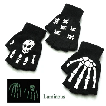 Перчатки скелета на Хэллоуин, Эластичные флуоресцентные перчатки, вязаные перчатки с призрачным когтем, Полупальцевые перчатки Унисекс, Светящиеся перчатки