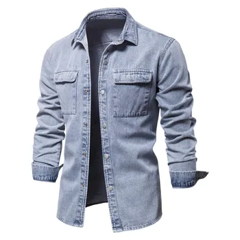 Приятная осенняя популярная мужская тонкая джинсовая куртка в стиле ретро, Джинсовая куртка с лацканами, мужская модная однотонная универсальная куртка