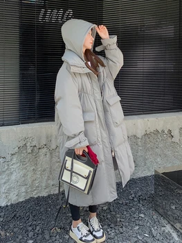 Пуховое стеганое пальто, женское зимнее новинка 2022, свободное утолщенное длинное пальто выше колена с открытой подкладкой оверсайз