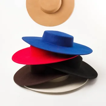 Европейская мода ретро легкий шерстяной цилиндр с плоским верхом и большими полями для моделирования выступлений на подиуме фетровая шляпа с большими полями