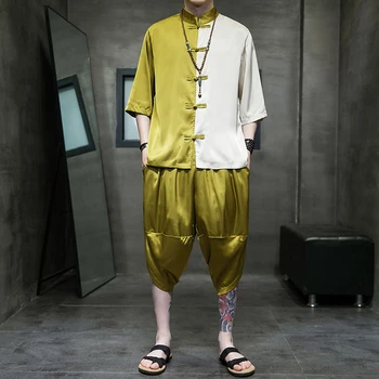 Sinicism/Мужской Летний костюм Hanfu, Китайский Восточный костюм, соответствующий цвету IceSilk Tang, Комплект из 2 предметов, Мужские комплекты с короткими рукавами M-5XL