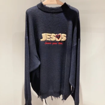 Мужской свитер VETEMENTS размера Оверсайз, 1:1, Высококачественная вышивка из позолоченной кожи Иисуса, Женские вязаные пуловеры с биркой
