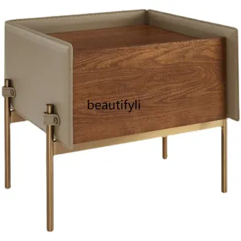 Итальянский Минималистский прикроватный шкафчик из массива дерева, ясень, Минималистичная современная дизайнерская модель, прикроватный шкафчик из седельной кожи