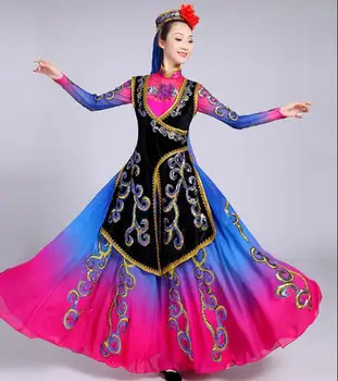 Китайский народный танец, Уйгурский традиционный женский танец в Синьцзяне, длинное платье, сценические пайетки, Народная шляпа