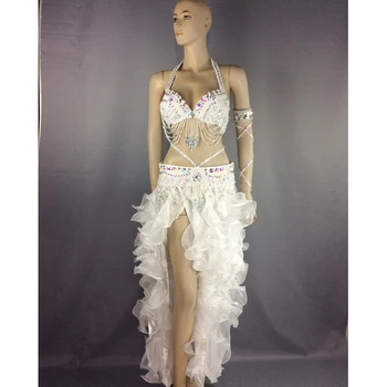 Новый расшитый бисером костюм для танца живота, Карнавальный профессиональный костюм, одежда для женщин, Комплекты одежды из 5 предметов, бюстгальтер, пояс, юбка