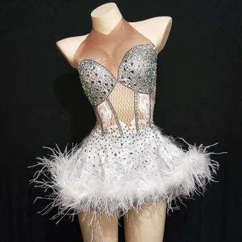 Блестящее Блестящее Платье с белыми перьями, Женское платье для празднования Дня Рождения, Платье для ночного клуба, Костюм Певицы, одежда для танцевального шоу