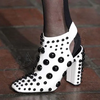 Черно-белые Ботильоны с заклепками на Массивном высоком Каблуке, Женские Свадебные туфли с ремешком на щиколотке, 2023, Zapatos Para Mujere