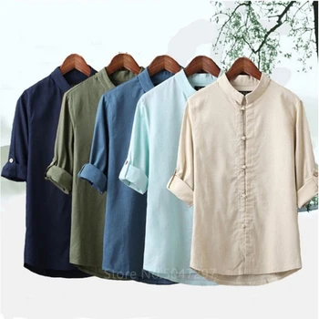 Мужская Рубашка 5XL, Повседневный Свободный однотонный топ в китайском стиле, одежда для кунг-фу, Плюс Размер 2022, Осенние мужские винтажные топы с коротким рукавом