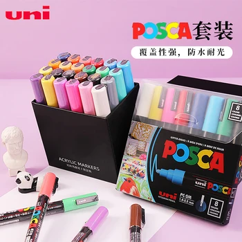 Новая Упаковка, набор маркеров Uni Posca, PC-1M, 3M, 5M, 8K, Акриловая ручка для рисования граффити, 7/8/12/16 цветов, Водная основа, искусство перманентного вращения