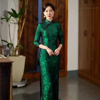 Yourqipao 2023 Осеннее Зеленое Вечернее платье Ципао в китайском традиционном стиле с длинным рукавом зеленого цвета в стиле Ретро, тонкое Вечернее платье Ципао для женщин