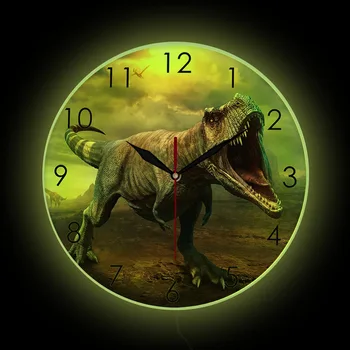 T-Rex Tyrannosaurus Светодиодный Неоновый Светильник, Настенные Часы Для Детской комнаты, Динозавр Юрского Периода, Домашний Декор, Бесшумные, Не тикающие Настенные Часы