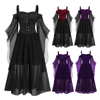 Женское платье-слинг Средневекового Ренессанса с рюшами на рукавах, Косплей Костюм Ведьмы, Халат на Хэллоуин, Халат для взрослых, Большие размеры