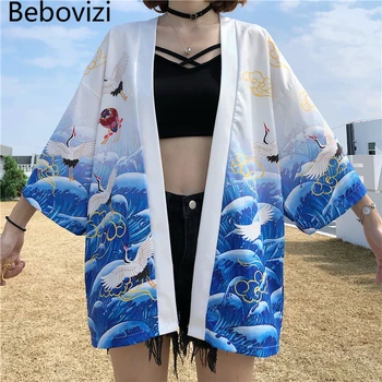 Женская модная повседневная уличная куртка в стиле Харадзюку в стиле хип-хоп, Летний кардиган, Юката, Японское Кимоно с принтом Журавля, Белое Синее