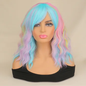 Женский короткий волнистый парик с косой челкой, Радужные многоцветные парики для косплея, синтетические волосы для девочек, модный реквизит для париков для вечеринок