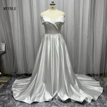 2022 Реальное фото Простое атласное свадебное платье трапециевидной формы с открытыми плечами, свадебные платья в стиле Милой Невесты, Vestido De Custom Made Robe De Mariée