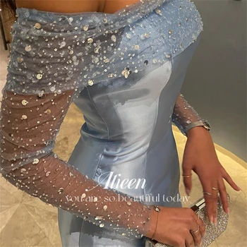 Элегантное Синее Арабское вечернее платье Aileen с открытыми плечами для женщин, Свадебная вечеринка, Вечерние платья для выпускного вечера в Дубае с длинными рукавами