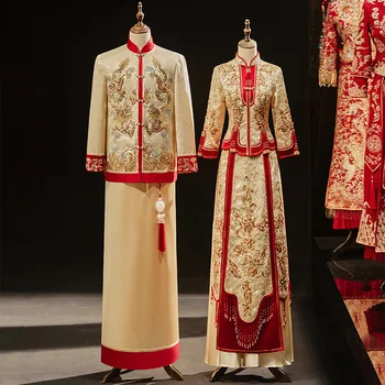 Китайская винтажная пара, расшитая бисером, свадебное платье Ципао цвета шампанского, восточная вышивка дракона и Феникса, Чонсам
