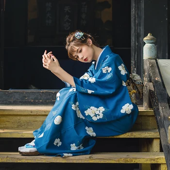 Женское традиционное японское кимоно Юката, платье для фотосъемки, костюм для косплея Темно-синего цвета с цветочным принтом, Винтажная одежда