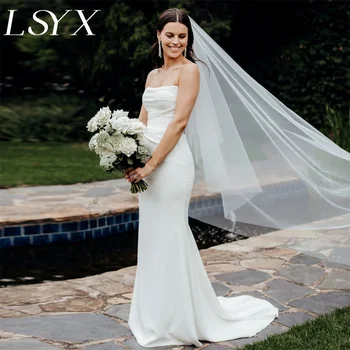 LSYX Простое свадебное платье без рукавов из крепа на пуговицах, белое Платье Русалки, свадебное платье со шлейфом на молнии сзади, сшитое на заказ