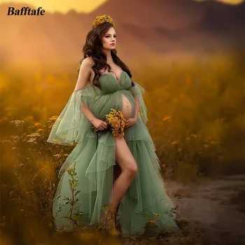 Bafftafe Empire Waist Беременная Женщина, Платья для выпускного Вечера, Мягкий тюль, Разрез на животе, Плиссированное Вечернее платье для беременных, Фотография Фото