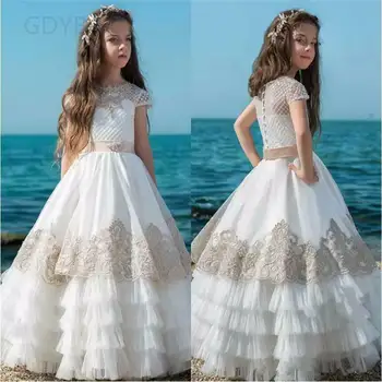 Розовое роскошное платье Принцессы с цветочным узором для девочек, свадебное кружевное платье для первого причастия для девочек, Праздничное платье для фотосъемки
