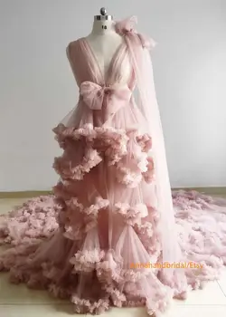 Дешевое Розовое Тюлевое платье с оборками для беременных, Женское Сексуальное Кимоно, Одежда для сна для беременных, Халат, Прозрачная ночная рубашка, Халат-Шаль