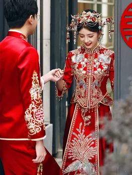 Невеста Древние Блестки Бисероплетение Кисточки Свадебное платье Костюм В Восточном Китайском стиле Одежда Для Пары Тостов
