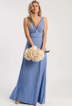 Платье Невесты с глубоким V-образным вырезом и высокой талией, Нежно-Голубое Шифоновое Свадебное платье с рюшами, Вечернее платье с высокой талией