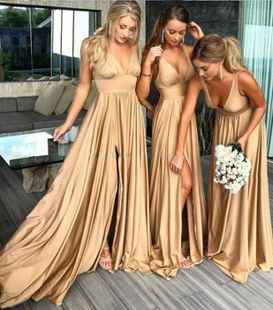 Платья подружек невесты цвета шампанского до 50 лет, Трапециевидный V-образный вырез, длина до пола, шифоновые платья с разрезом, длинные платья для свадебной вечеринки