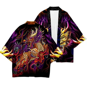 Модная уличная одежда Хаори с принтом Кирин, мужской женский кардиган, Пляжная Юката, Азиатская одежда, Японское кимоно для косплея, оверсайз