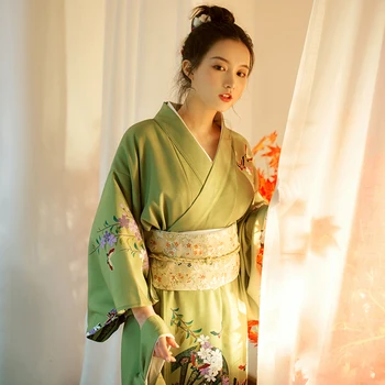 Женское Длинное Платье В Винтажном Стиле, Японское Традиционное Кимоно Зеленого Цвета, Вечерний Костюм Юката Для Косплея, Платье Для Выступлений