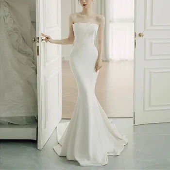 Свадебное платье с рыбьим хвостом, атласные свадебные вечерние платья, белое длинное качественное бальное платье H273