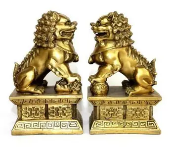Китайская латунная бронзовая статуя льва Foo Dogs Пара львов
