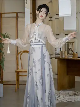 Летнее платье в винтажном стиле, шифоновое платье с восточным национальным цветком, Женский Новый комплект одежды в китайском стиле, улучшенный комплект одежды Hanfu