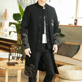 Длинная ветровка в китайском стиле, мужская уличная одежда, Восточная одежда, мужская куртка в стиле хип-хоп в китайском стиле мандарин, пальто