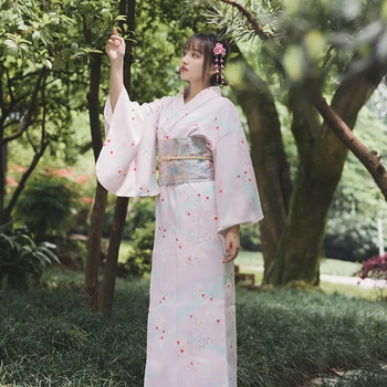 Женское Японское Традиционное Кимоно с розовым цветочным принтом, Классическая Официальная одежда для Косплея Юката, платье для фотосъемки, Халат для выступлений