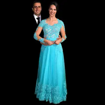 бесплатная доставка, Vestido De Noiva, арабская кружевная аппликация, длинный рукав, синий тюль, Вечерние платья для матери невесты
