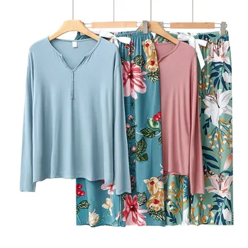 Fdfklak/Женская пижама с V-образным вырезом для Отдыха, 2 предмета, Осенняя Новая Домашняя одежда, Пижамный комплект с длинным рукавом и цветочным принтом