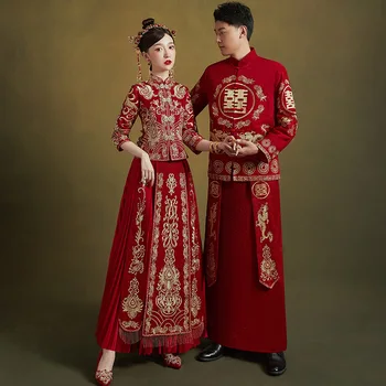 Традиционная высококачественная вышивка Жениха и Невесты, свадебное платье в стиле ретро, китайский Изысканный Стильный Свадебный Чонсам, размер 6XL