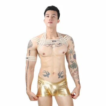 Сексуальный Мужской Золотисто-серебристый комплект Боксеров-жгутов, клубная одежда для Бондажа, плечевой ремень, открытое Нижнее Белье из искусственной кожи