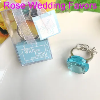 (30 шт./лот) Бесплатная доставка + Свадебные сувениры в синей тематике, Бриллиантовый брелок для помолвки, кольцо для ключей с синим кристаллом, брелок для душа для новобрачных