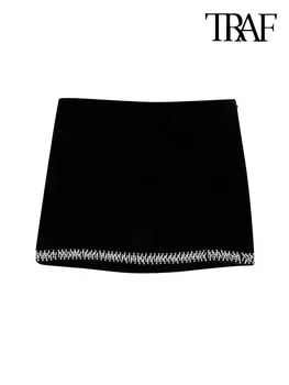 TRAF Женская Модная Бархатная мини-юбка с аппликацией из страз, Винтажные женские Юбки с высокой талией и боковой молнией Mujer