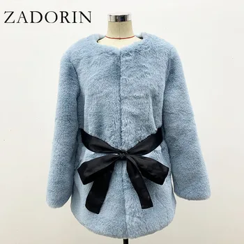 ZADORIN/ Корейское модное женское зимнее пальто, пушистое теплое длинное пальто из искусственного кроличьего меха с атласным поясом, Женские меховые куртки, розовый, синий