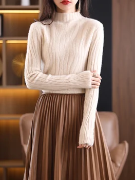 Высококачественный Пуловер из 100% мериносовой шерсти с имитацией горловины, Свитер для женщин, Осень-Зима, Кашемировый трикотаж чистых цветов, Женская одежда