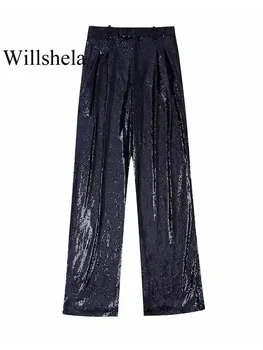 Willshela, Женские Модные Черные брюки с блестками, Винтажные Женские Прямые брюки на молнии спереди с высокой талией